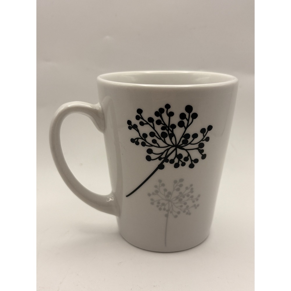 Gibson Home Coffee Mug White Black Grey Dandelion Floral Ceramic Tapered